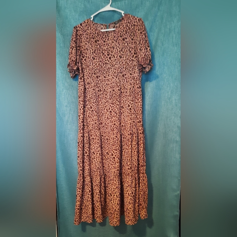 Pretty Garden Tan And Brown Leopard Print Women's Maxi Dress Size M